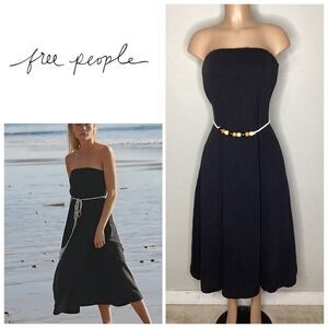 Free People black strapless dress with wood bead belt. Medium. Retails $70
